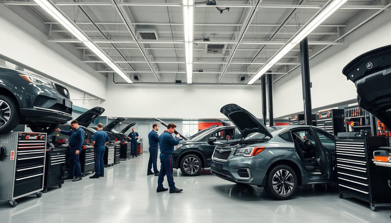 Modern automotive service department with technicians working efficiently